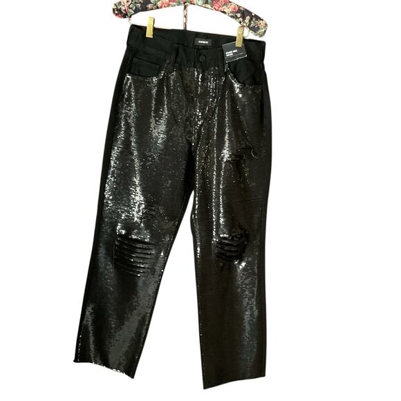 Express Denim - Express Straight Ankle High Rise Sequin Jeans Size 2R Black Distressed  NWT
